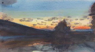 A lone tree beside a pool under scattered dawn clouds