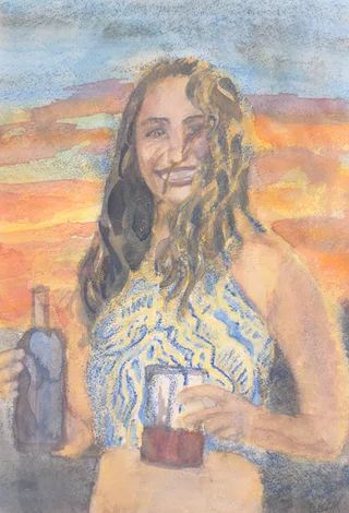 A smiling woman holding two drinks against a sunset
