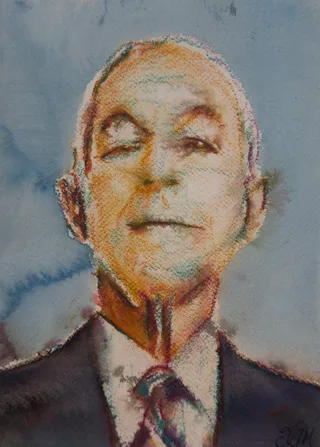 An older man in a suit and tie seen from below