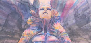 A central figure surrounded by a radiating colorful headdress
