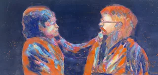 Two people facing one another in vivid orange and blue tones