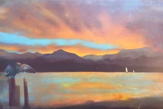 Cormorant Presiding over Sunset on Puget Sound, mural by TJ Murphy: a cormorant drying its wings on a piling under orange clouds