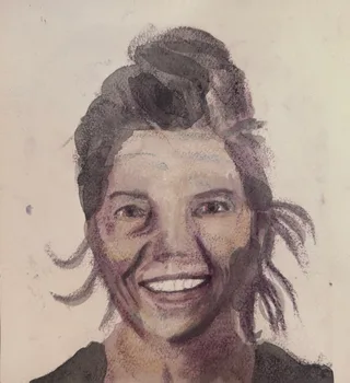 A smiling woman with her hair tied up, painted in muted brown and purple tones