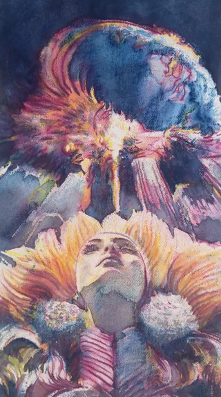 A figure in an elaborate feathered headdress beneath a glowing bird