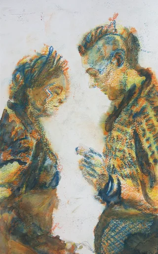 Two people leaning toward one another in blue and ochre tones