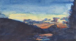 A blue and gold dawn landscape with still water