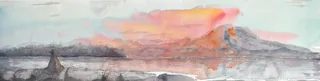 A panoramic mountain and water landscape with a small seated figure