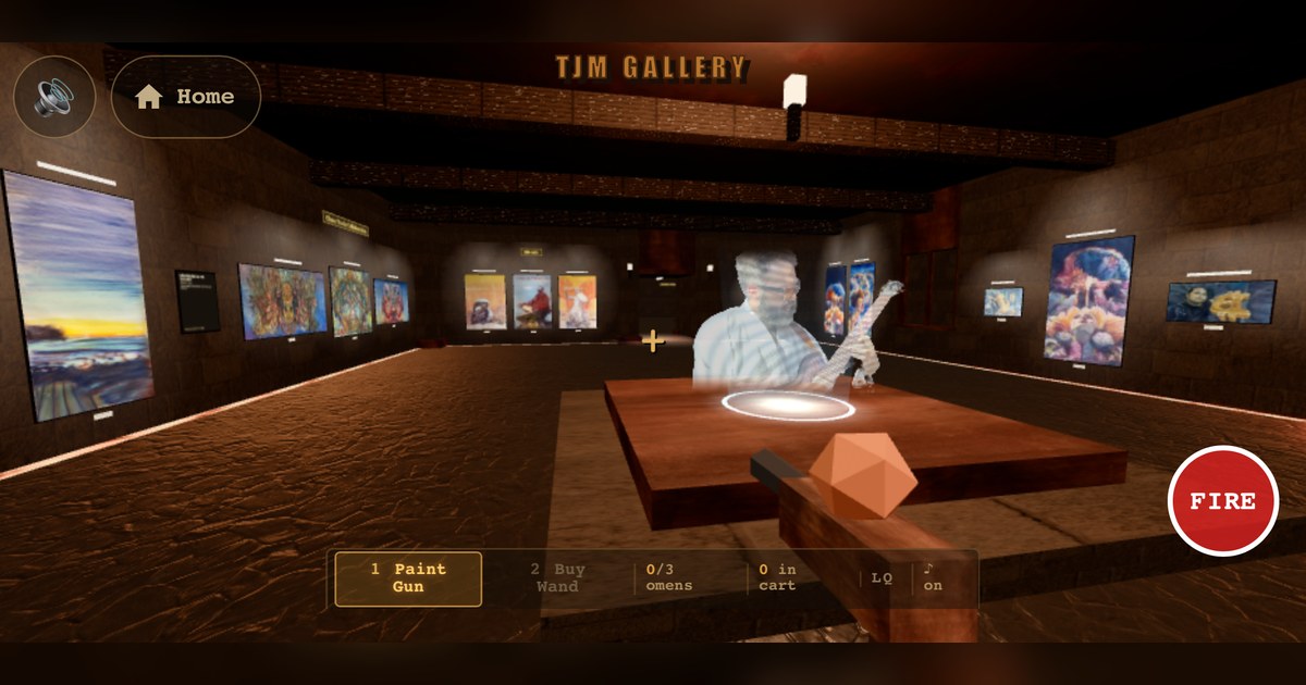 Inside the TJM Gallery 3D dungeon, with paintings on the walls and a hologram of TJ playing guitar